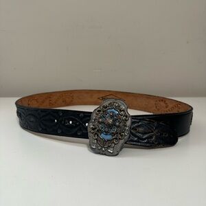 Beth Frank Elegant Distressed Black Leather Belt with Ornate Buckle Women’s 32